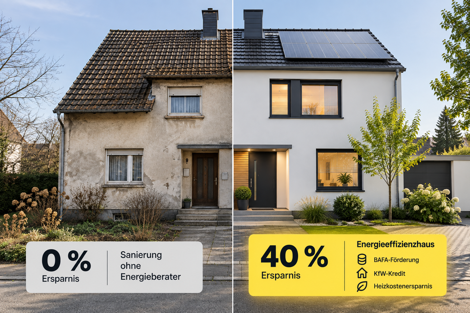 Beispielrechnung: Haus vor der Sanierung ohne Energieberatung neben demselben Haus nach einer Sanierung zum Effizienzhaus mit Solaranlage
